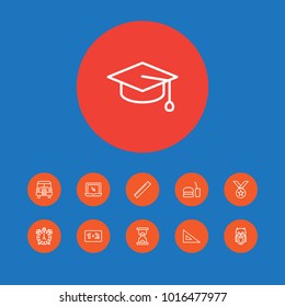 Set of 11 learning icons line style set. Collection of measurement, eat, medallion and other elements.
