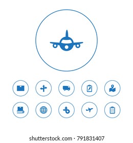 Set Of 11 Logistic Icons Set.Collection Of Guidepost, Pen, Aircraft And Other Elements.