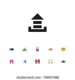 Set Of 11 Media Icons Set. Collection Of Diskette, Communication, Earphone And Other Elements.