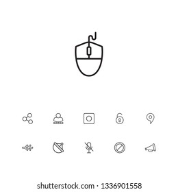 Set of 11 media icons line style set. Collection of mouse, prohibition, record and other elements.