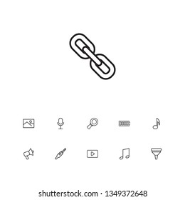 Set of 11 multimedia icons line style set. Collection of filter, full battery, quaver and other elements.