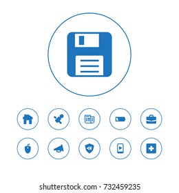 Set Of 11 Multimedia Icons Set.Collection Of Controller, Satellite, Diskette And Other Elements.