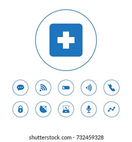 Set Of 11 Multimedia Icons Set.Collection Of Chatting, Progress, Handset Elements.