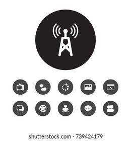 Set Of 11 Multimedia Icons Set.Collection Of Weather, Connection Tower, Dialog And Other Elements.