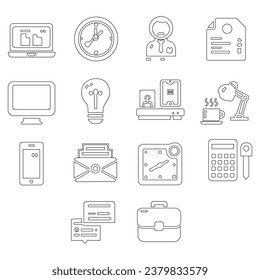 Set of 11 Office and workplace web icons in line style. Teamwork, workplace, coffee, work, business, employee. Vector illustration.
