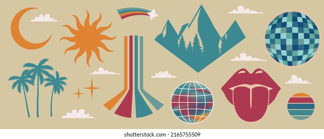 Set of 11 retro groovy symbols. palm trees, mountains, rainbow, disco ball, sun and woman lips. Vintage hippie, psychedelic elements for design logo, poster, print for t-shirt. Vector illustration