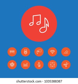 Set of 11 science icons line style set. Collection of first aid room, music note, pointer and other elements.