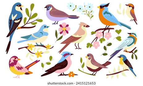 Set of 11 spring birds sitting on branches with flowers, a flat-style illustration hand-drawn, Cute stylized birds flowering branches. For the design and decor of spring greeting cards, posters