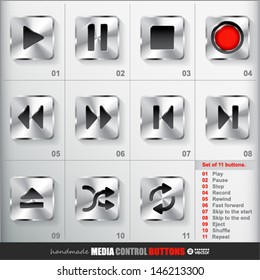 Set of 11 Square Media Stop Button. Vector eps 10 Illustration. 