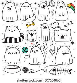 Set of 11 sticker doodle cats with different emotions handmade. Cute funny pets. Fish and mouse.  Speech bubble