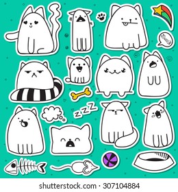 Set of 11 sticker doodle cats with different emotions handmade. Cute funny pets. Fish and mouse.  Speech bubble