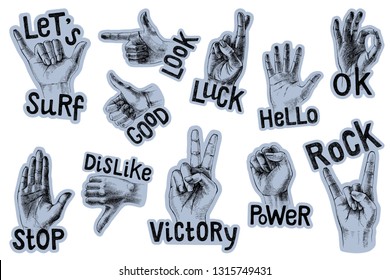 Set of 11 stickers with gestures and lettering. Vector illustration