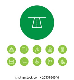 Set of 11 structure icons line style set. Collection of road, ruler, gothic and other elements.