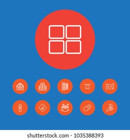 Set of 11 structure icons line style set. Collection of road, slum, farm and other elements.