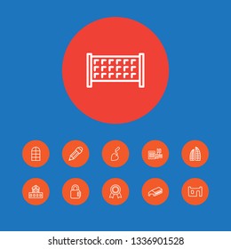Set of 11 structure icons line style set. Collection of arc frame, metropolis, mall and other elements.