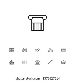Set of 11 structure icons line style set. Collection of wooden barrier, meter, library and other elements.