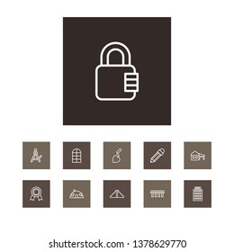 Set of 11 structure icons line style set. Collection of temple, apartment, dome and other elements.