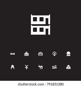 Set Of 11 Structure Icons Set.Collection Of Farm Mill, Chinese Wall, Botanical Garden And Other Elements.