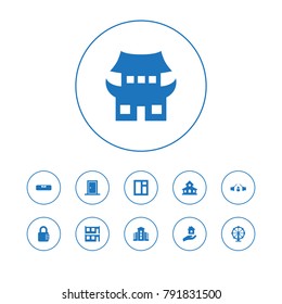 Set Of 11 Structure Icons Set.Collection Of Modern, Asian Temple, Lock And Other Elements.
