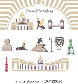 Set of 11 vector illustrations city Saint Petersburg. 