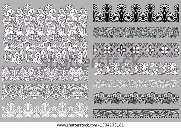Set of 11 vector seamless ornate classic antique\
baroque or rococo style ornaments. Line borders, frames, dividers.\
Isolated lace decor elements of ornaments for fashion, textile,\
custom design, print