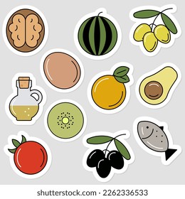 Set of 11 vector stickers of healthy food (watermelon, orange, oil, black olives, green olives, fish, avocado, tomato, walnut, egg, kiwi)