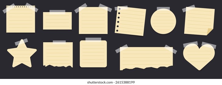 The set of 11 yellow stickers with different shapes. Lined torn paper with transparent tape. Vector Elements