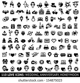 Set Of 110 Love Flat Icons: Wedding, Anniversary, Honeymoon. Vector Illustrations, Silhouettes Isolated On White Background