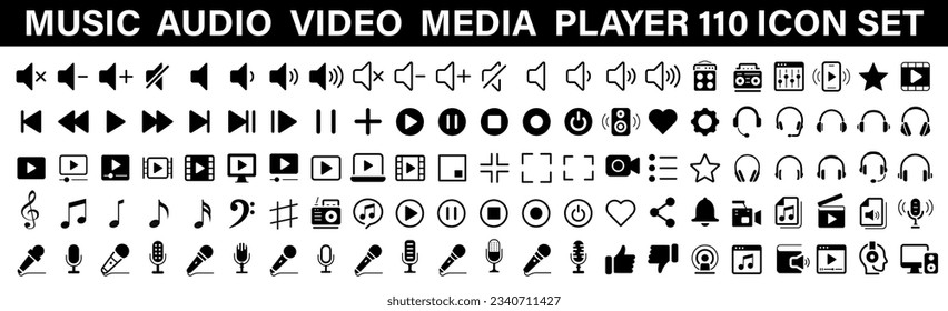 Set 110 media player icon set. Music, interface, design media player buttons, sound and cinema, interface multimedia, video and audio, media player buttons. Vector Illustration