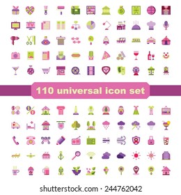 Set of 110 universal modern flat color icons for web and social life