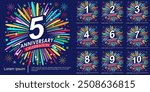 Set of 1-10 years anniversary celebration logo isolated with ribbon, stars and fireworks sparkle twinkle. vector illustration template design for web, flyers, poster, greeting