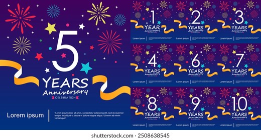 Conjunto de 1-10 anos logotipo de celebração de aniversário isolado com fita, estrelas e fogos de artifício cintilação. modelo de ilustração vetorial para web, folhetos, cartaz, cartão de convite, cartão de saudação