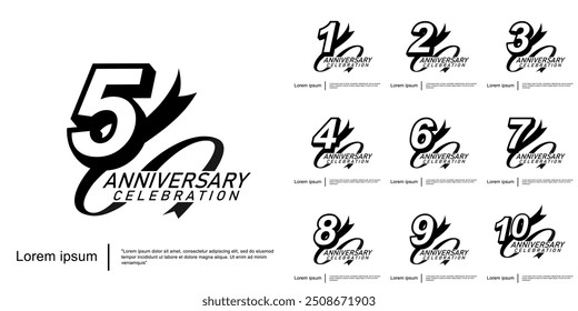 Conjunto de 1-10 años de celebración del aniversario emblema. logo negro aislado con cinta sobre fondo blanco. diseño de Plantilla de Ilustración vectorial para Web, volantes, póster, tarjeta de felicitación y tarjeta de invitación