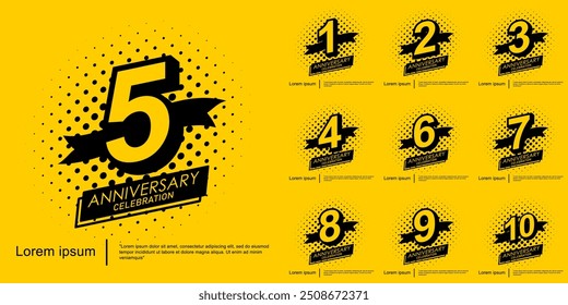 Conjunto de 1-10 anos emblema de celebração de aniversário. logotipo preto isolado com fita em fundo amarelo. design de modelo de ilustração vetorial para web, folhetos, cartaz, cartão de saudação e convite