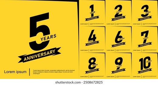 Conjunto de 1-10 anos emblema de celebração de aniversário. logotipo preto isolado com fita em fundo amarelo. design de modelo de ilustração vetorial para web, folhetos, cartaz, cartão de saudação e convite