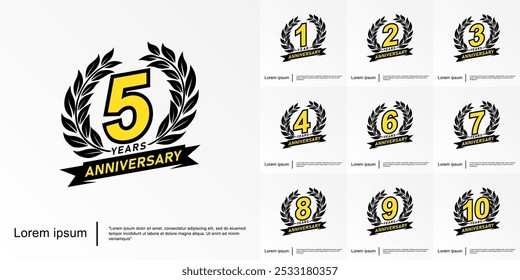 Conjunto de 1-10 anos emblema de celebração de aniversário. logotipo de aniversário isolado com coroa de louros e fita. modelo de ilustração vetorial para web, folhetos, cartaz, cartão de convite ou cartão de saudação