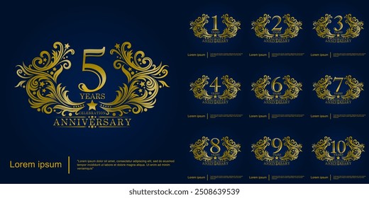 Conjunto de 1-10 anos elegante logotipo emblema de celebração de aniversário de ouro com pinceladas arredondadas por espirais ornamentados e floreios. modelo de ilustração vetorial para web, folhetos, cartaz, saudação