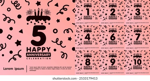 Set of 1-10th years anniversary celebration emblem. Happy anniversary logo isolated birthday cake and candle with confetti line doodle on pink background. vector illustration.