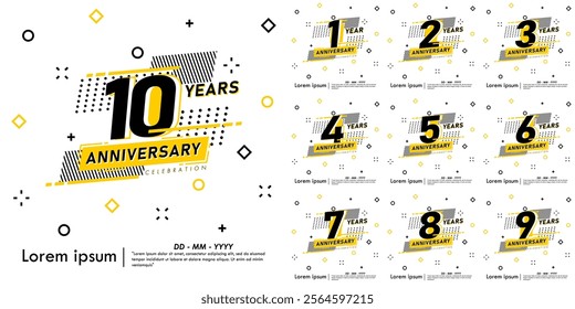 Set of 1-10th years anniversary celebration emblem. anniversary logo isolated with geometric badge on white background. vector illustration template design for web, flyers, poster, greeting card