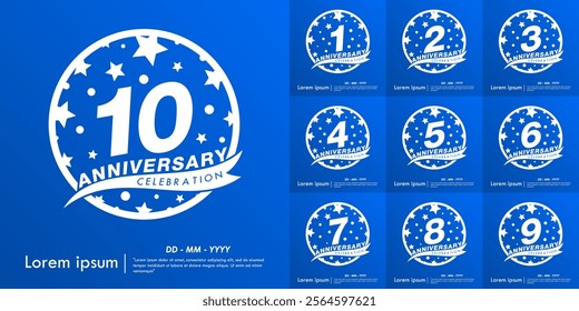 Set of 1-10th years anniversary celebration emblem. white anniversary logo isolated with ribbon and stars ball on blue background. vector illustration template design for web, flyers, poster, greeting