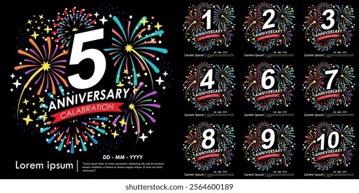 Set of 1-10th years anniversary celebration emblem. anniversary logo isolated with red ribbon, stars and fireworks sparkle twinkle. .vector illustration template design