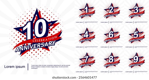 Set of 1-10th years anniversary celebration emblem. anniversary logo isolated with red ribbon and star. vector illustration template design for web, flyers, poster, invitation card, greeting card