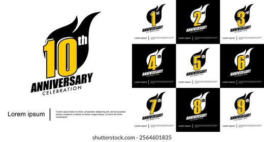 Set of 1-10th years anniversary celebration emblem. anniversary logo isolated with sparks - fireball  isolated on white background. vector illustration template design for web, flyers, poster