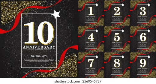 Set of 1-10th years anniversary celebration emblem. elegant anniversary logo isolated with red ribbon and stars glittering and sparkle. vector illustration template design