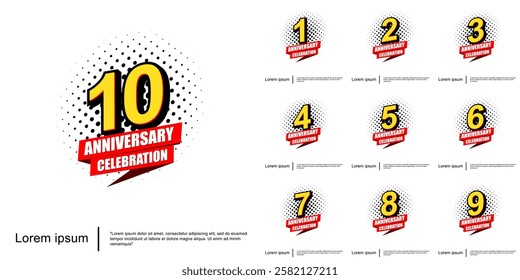 Set of 1-10th years anniversary celebration emblem. anniversary logo isolated with red ribbon on white background. vector illustration template design for web, flyers, poster, greeting card
