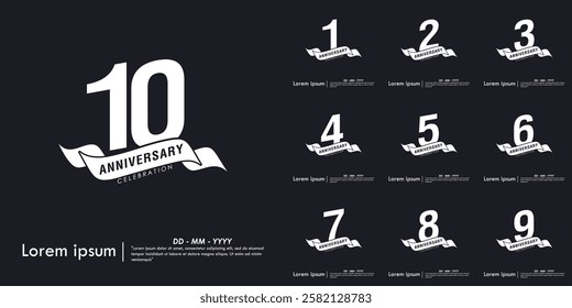 Set of 1-10th years anniversary celebration emblem. white anniversary logo isolated with ribbon on black background. monotone color. vector illustration template design