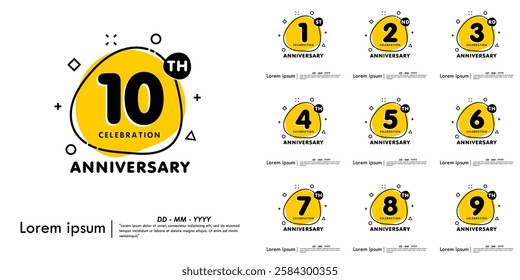 Set of 1-10th years anniversary celebration emblem. anniversary logo isolated with liquid organic shapes or irregular round blot form with doodle circle line on white background. vector illustration