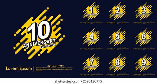 Set of 1-10th years anniversary celebration emblem. anniversary logo isolated with diagonal rounded lines geometric shape on dark blue background. vector illustration template design for web, flyers