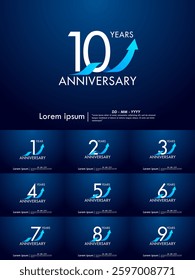 Set of 1-10th years anniversary celebration emblem. anniversary logo isolated with arrow growth up and blue ribbon on dark blue background. vector illustration template design