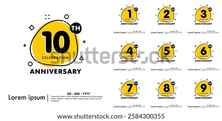 Set of 1-10th years anniversary celebration emblem. anniversary logo isolated with liquid organic shapes or irregular round blot form with doodle circle line on white background. vector illustration
